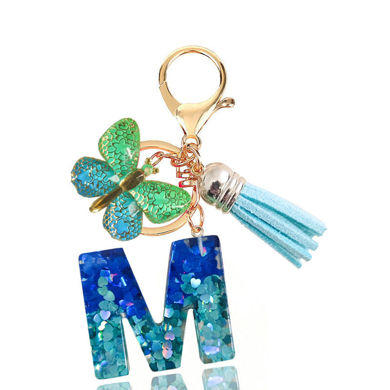 Cross-border Blue Series 26 Drops of Glue Letter Keychain Holiday Love Tassel Accessories Gradient Butterfly Keychain