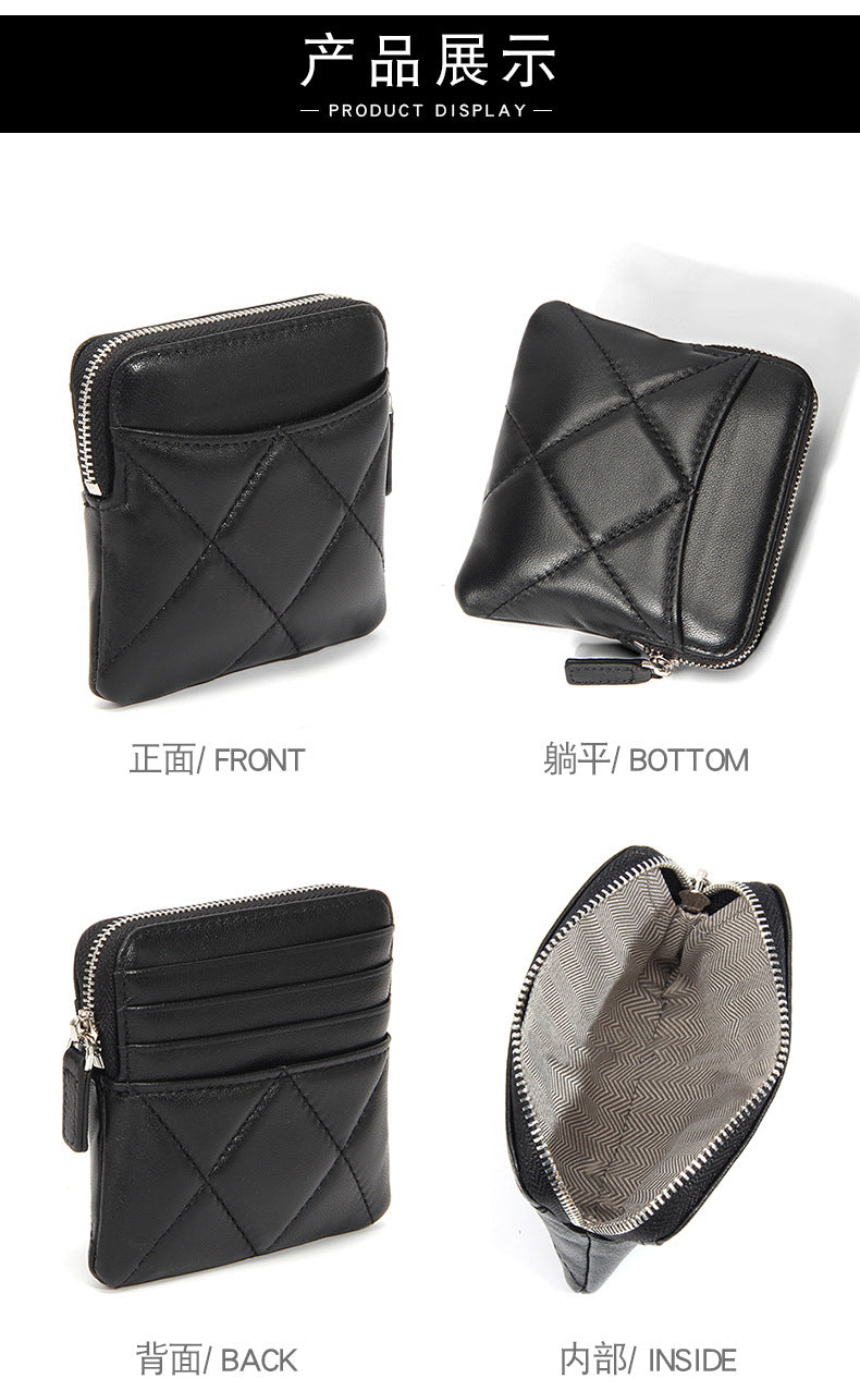 Genuine Leather Card Holder new sheepskin rhombus small mini women's solid color coin bag earphone storage zipper coin purse