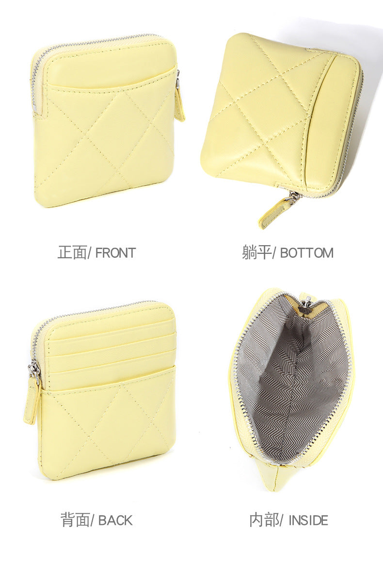 Genuine Leather Card Holder new sheepskin rhombus small mini women's solid color coin bag earphone storage zipper coin purse