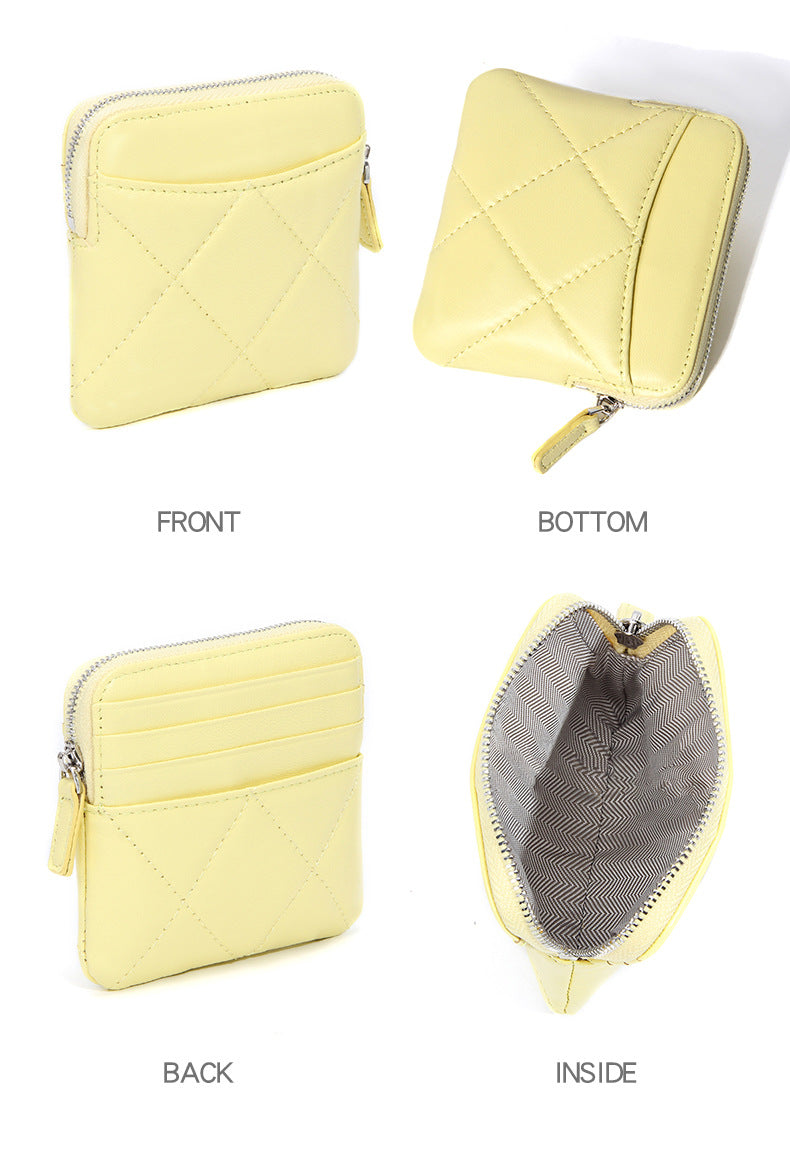 Genuine Leather Card Holder new sheepskin rhombus small mini women's solid color coin bag earphone storage zipper coin purse
