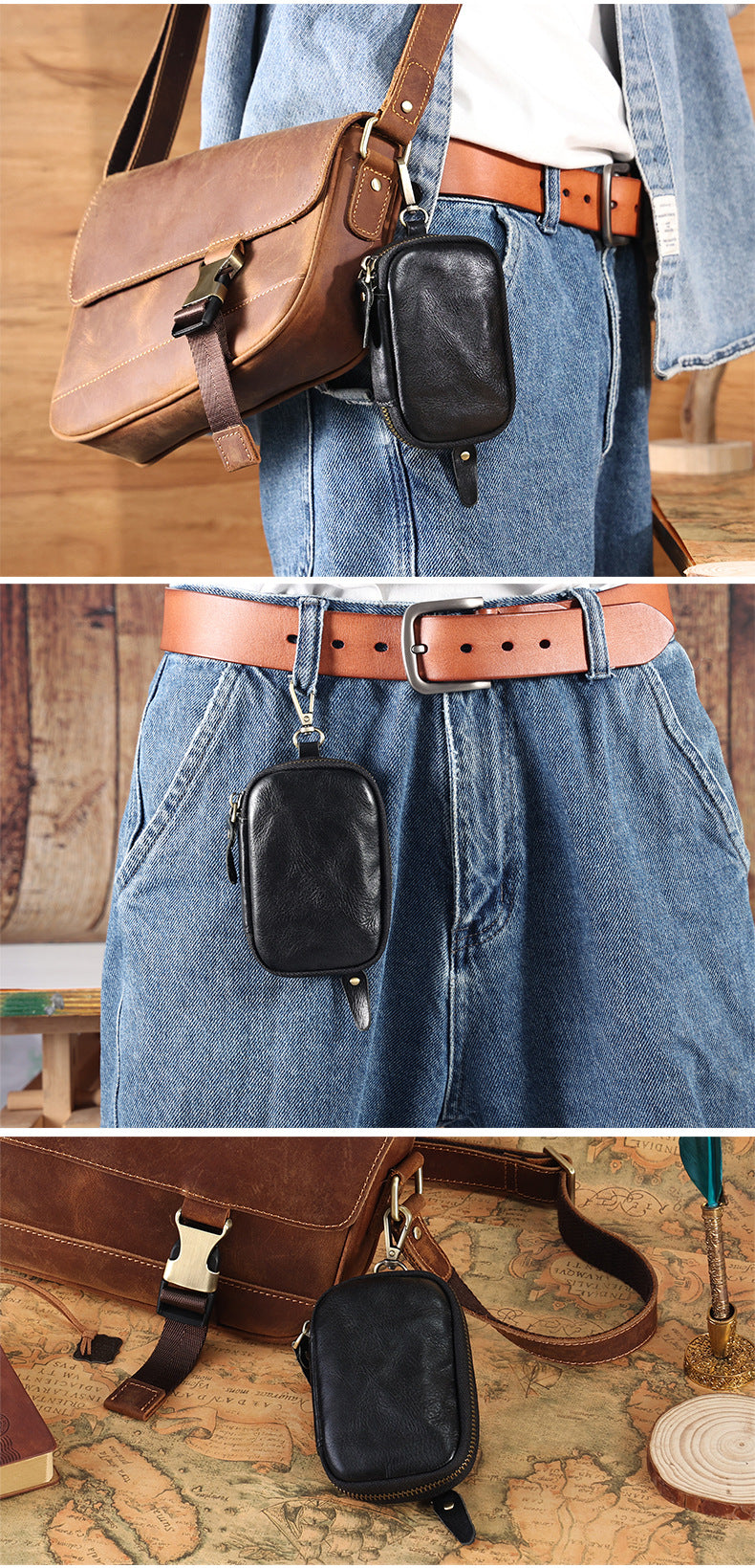 Portable Leather Key Bag Car Key Storage Bag Multifunctional Coin Purse with Card Holder Waist Hanging Cowhide Key Bag for Men
