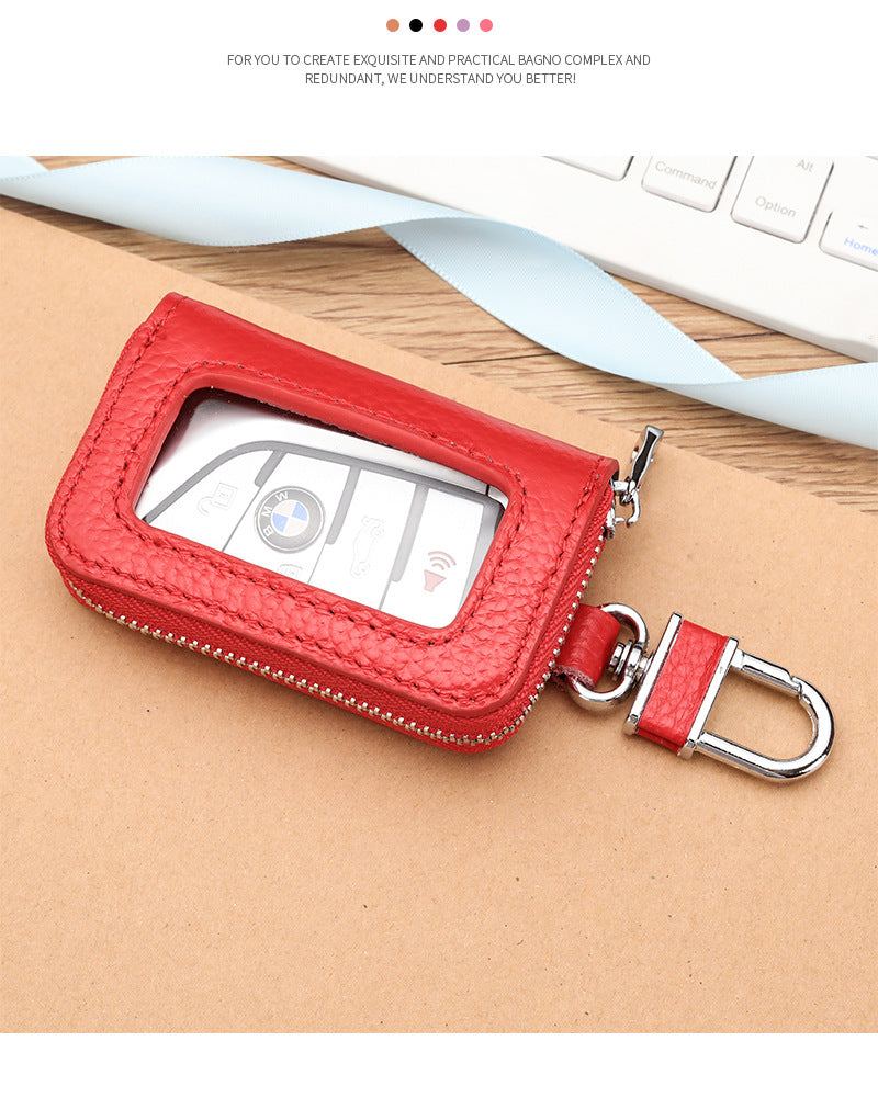 Open Sunroof Leather Car Key Bag Cowhide Keychain Men's Key Bag Women's Large Capacity Universal Waist Hanging