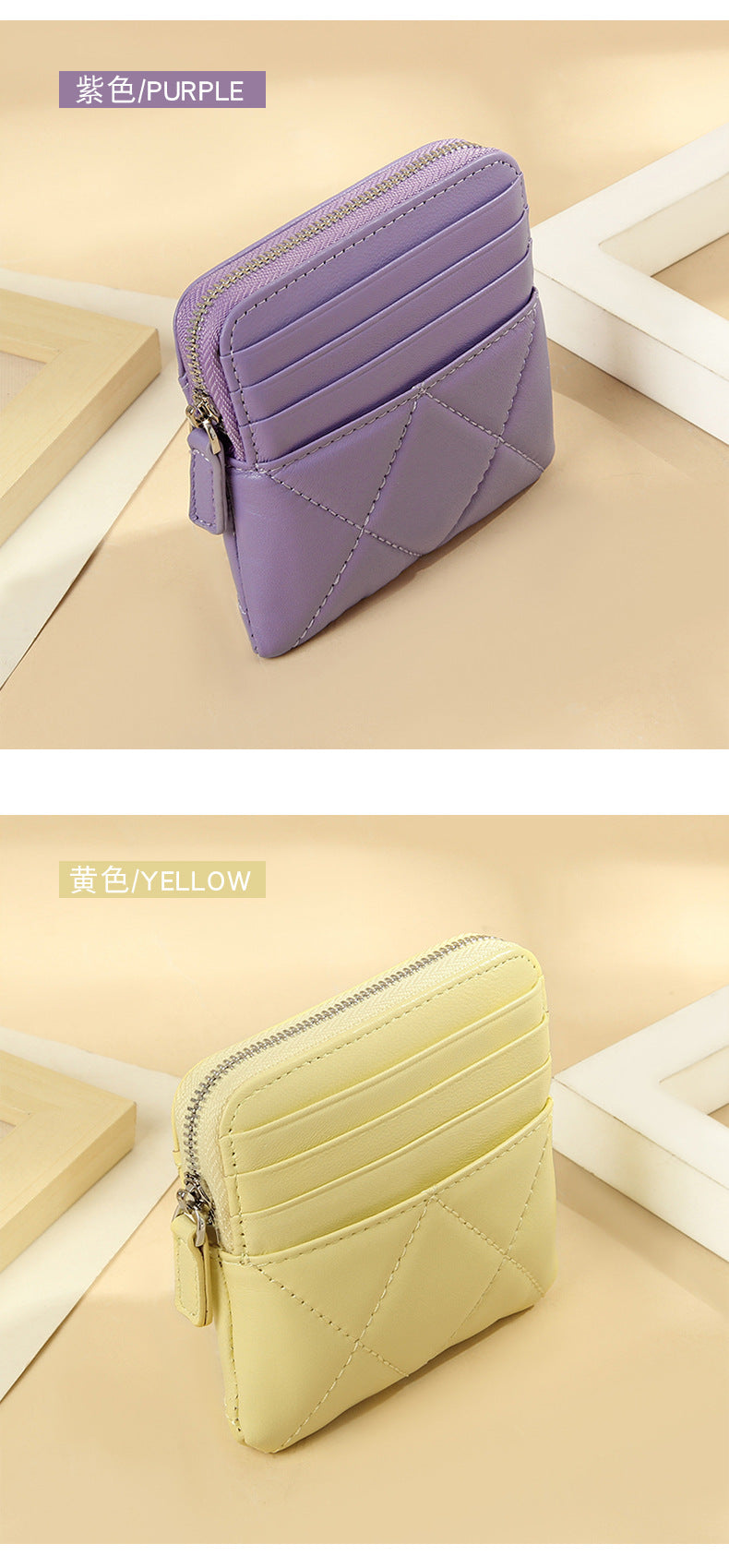 Genuine Leather Card Holder new sheepskin rhombus small mini women's solid color coin bag earphone storage zipper coin purse