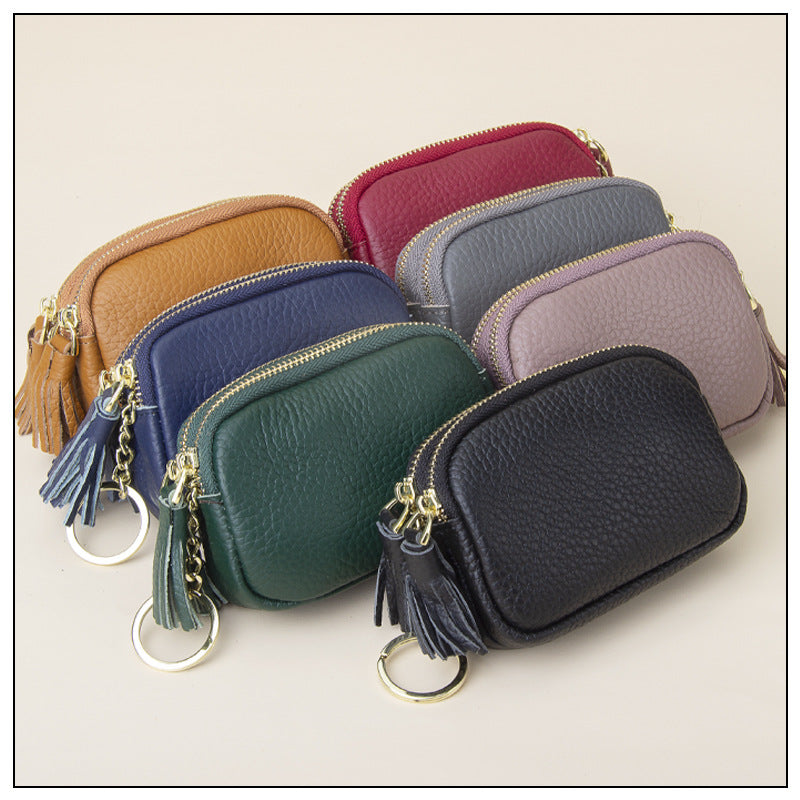 First Layer Cowhide Zipper Small Wallet Korean Style Simple Mini Keychain Coin Storage Bag Genuine Leather Coin Purse for Women