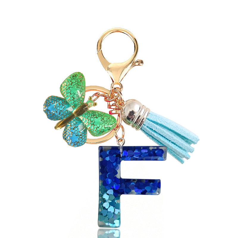Cross-border Blue Series 26 Drops of Glue Letter Keychain Holiday Love Tassel Accessories Gradient Butterfly Keychain