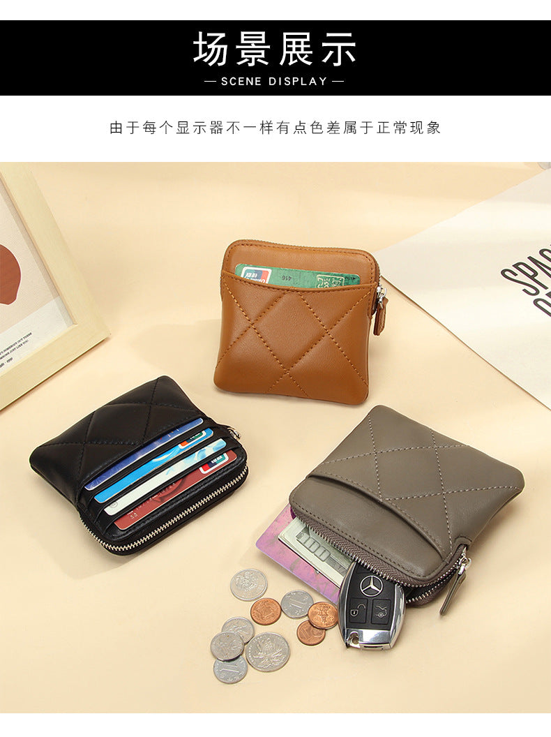 Genuine Leather Card Holder new sheepskin rhombus small mini women's solid color coin bag earphone storage zipper coin purse