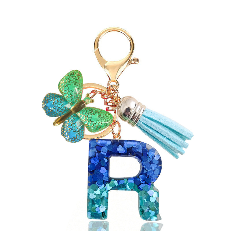 Cross-border Blue Series 26 Drops of Glue Letter Keychain Holiday Love Tassel Accessories Gradient Butterfly Keychain