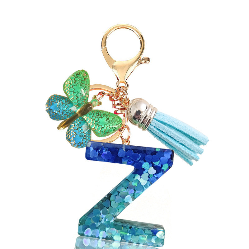 Cross-border Blue Series 26 Drops of Glue Letter Keychain Holiday Love Tassel Accessories Gradient Butterfly Keychain