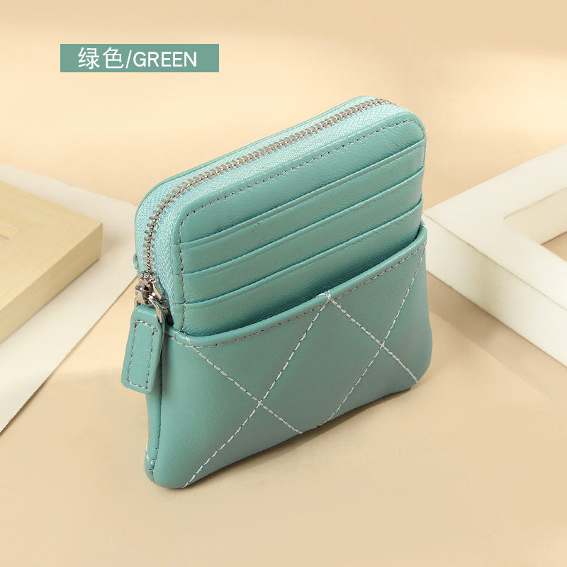 Genuine Leather Card Holder new sheepskin rhombus small mini women's solid color coin bag earphone storage zipper coin purse