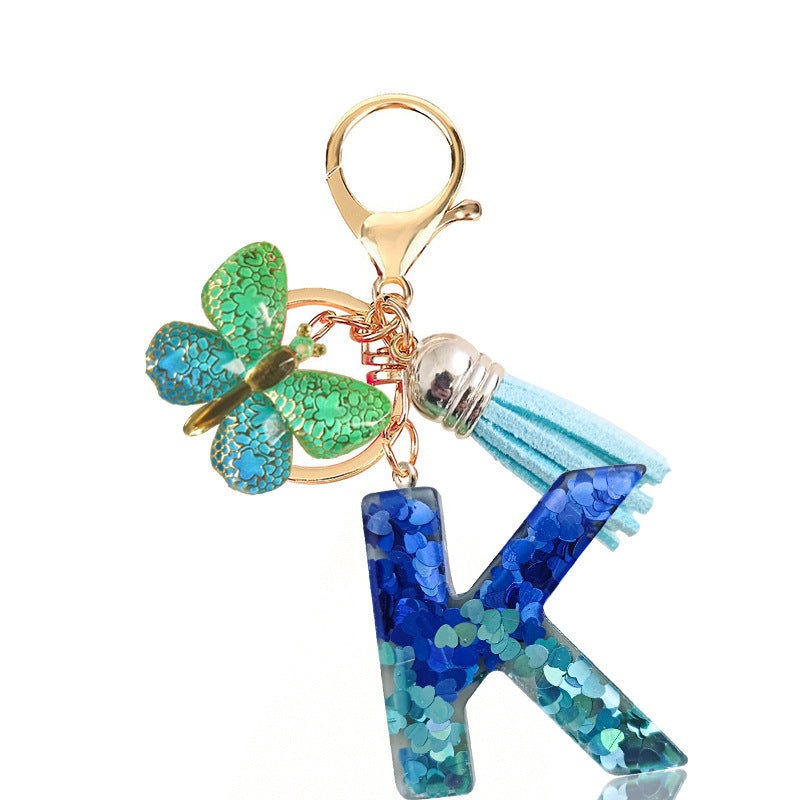 Cross-border Blue Series 26 Drops of Glue Letter Keychain Holiday Love Tassel Accessories Gradient Butterfly Keychain