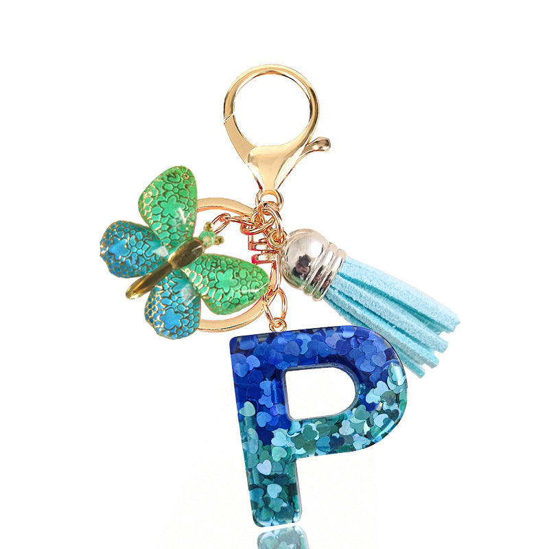 Cross-border Blue Series 26 Drops of Glue Letter Keychain Holiday Love Tassel Accessories Gradient Butterfly Keychain