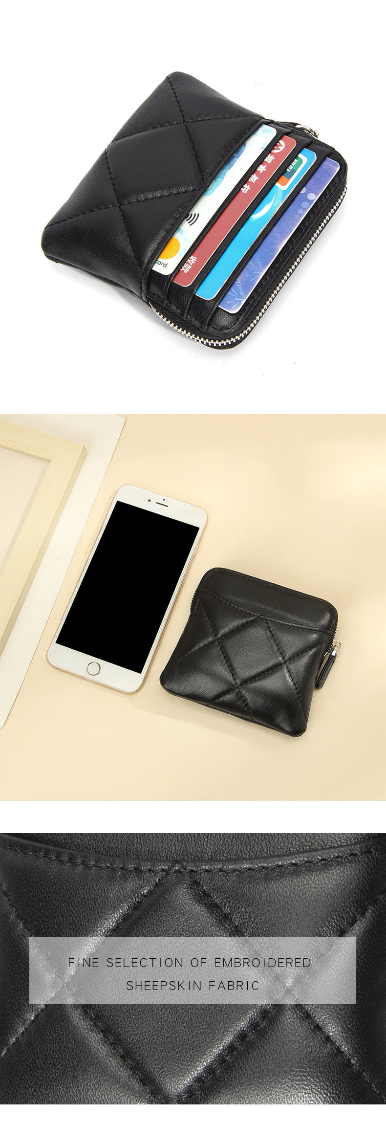 Genuine Leather Card Holder new sheepskin rhombus small mini women's solid color coin bag earphone storage zipper coin purse