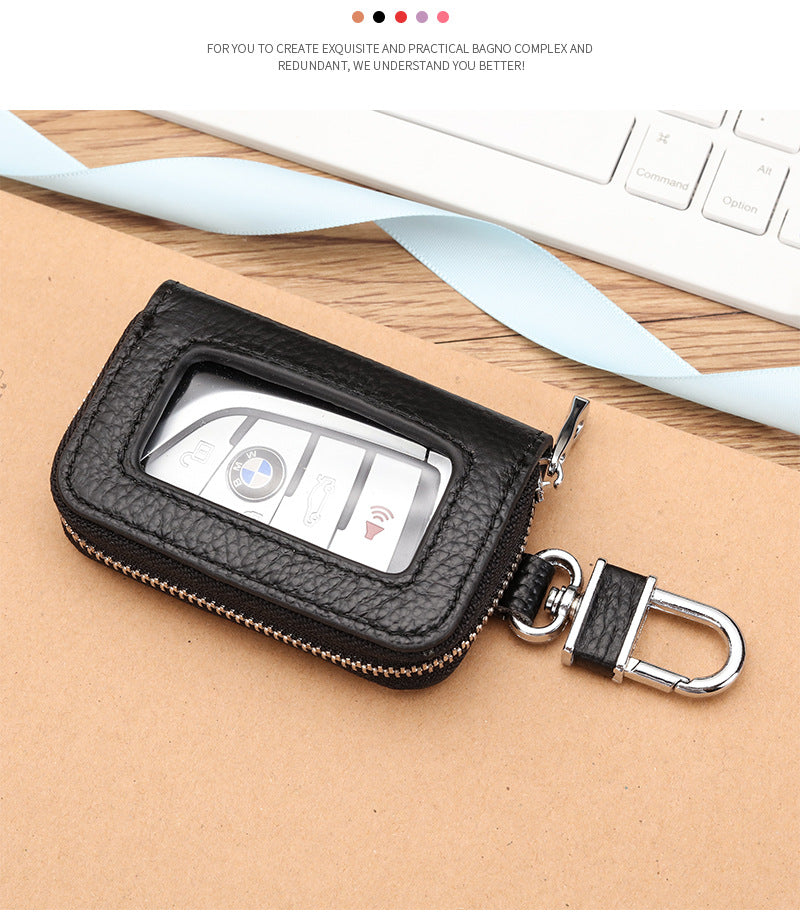 Open Sunroof Leather Car Key Bag Cowhide Keychain Men's Key Bag Women's Large Capacity Universal Waist Hanging