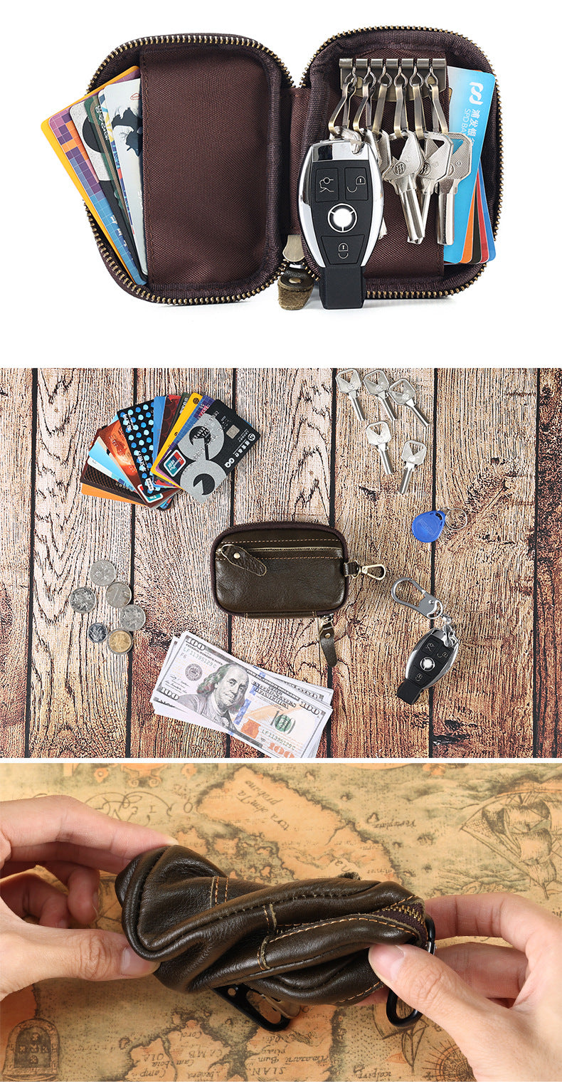 Portable Leather Key Bag Car Key Storage Bag Multifunctional Coin Purse with Card Holder Waist Hanging Cowhide Key Bag for Men