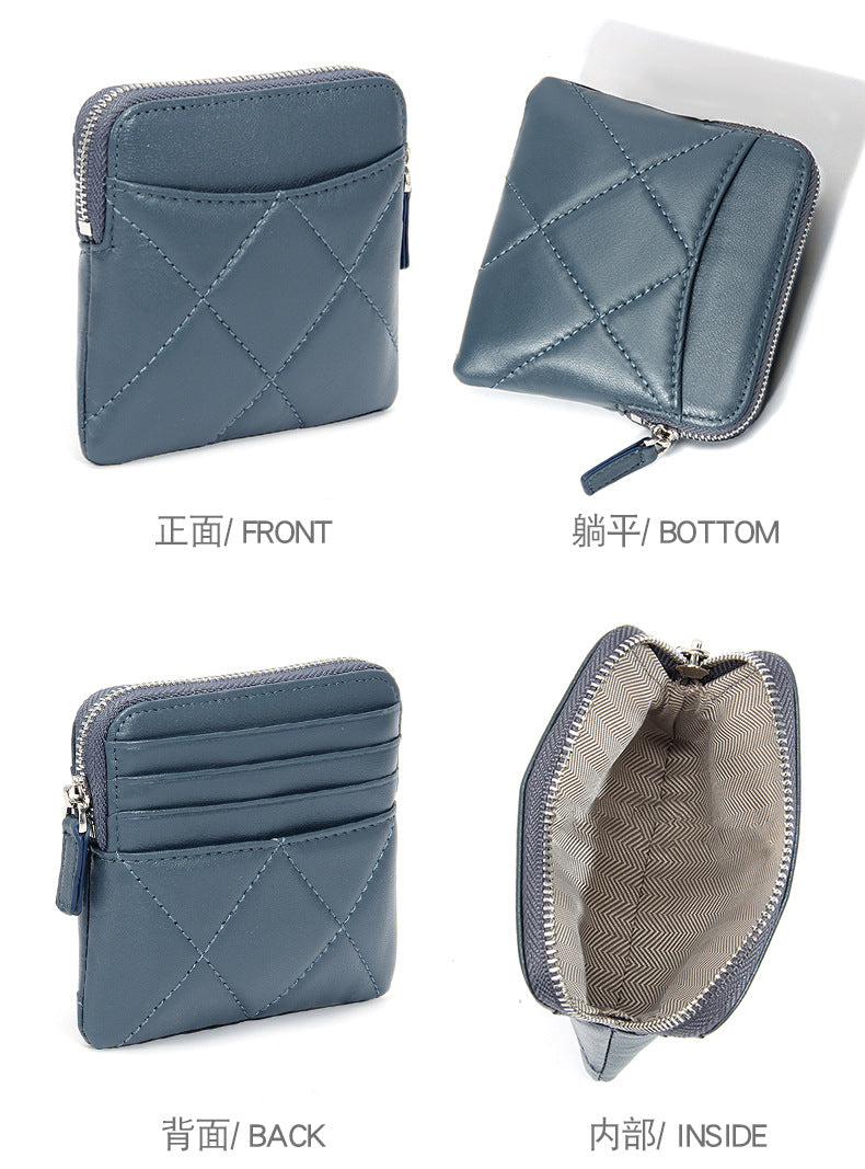 Genuine Leather Card Holder new sheepskin rhombus small mini women's solid color coin bag earphone storage zipper coin purse