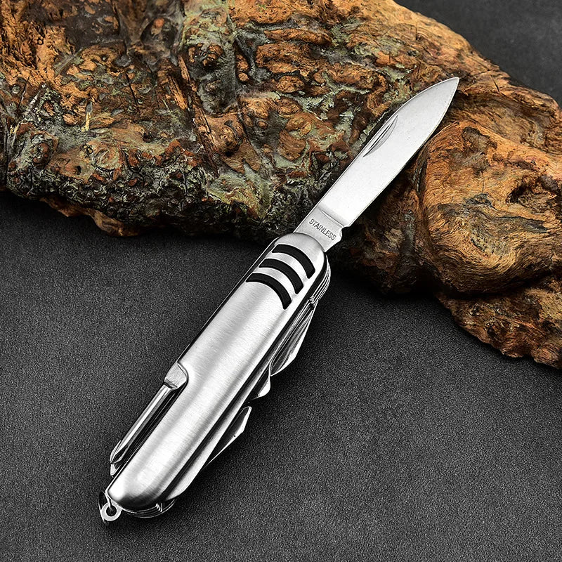 Portable 11 in 1 Fold Pocket knife Carry Around Multifunction Outdoor Emergency Tools Stainless Steel Bottle Opener Cork Drill