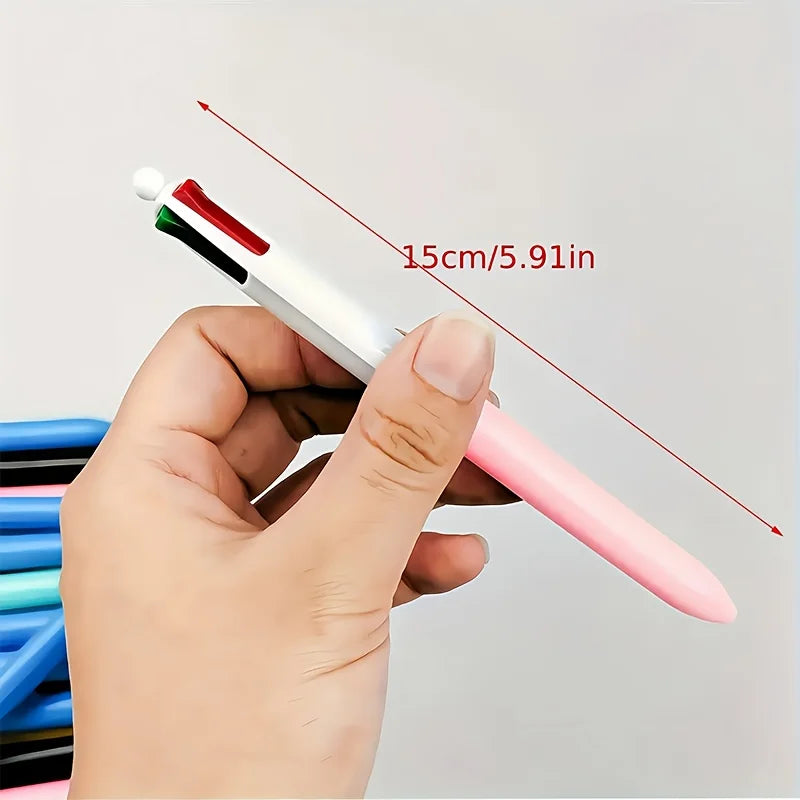 6 Multi-Color 4-in-1 Plastic Ballpoint Pens, 1mm Tip, Available in Red, Blue, Green, and Black, with Pressable Refills, Suitable for Study, Work, Notebooks, Journals, and Highlighting