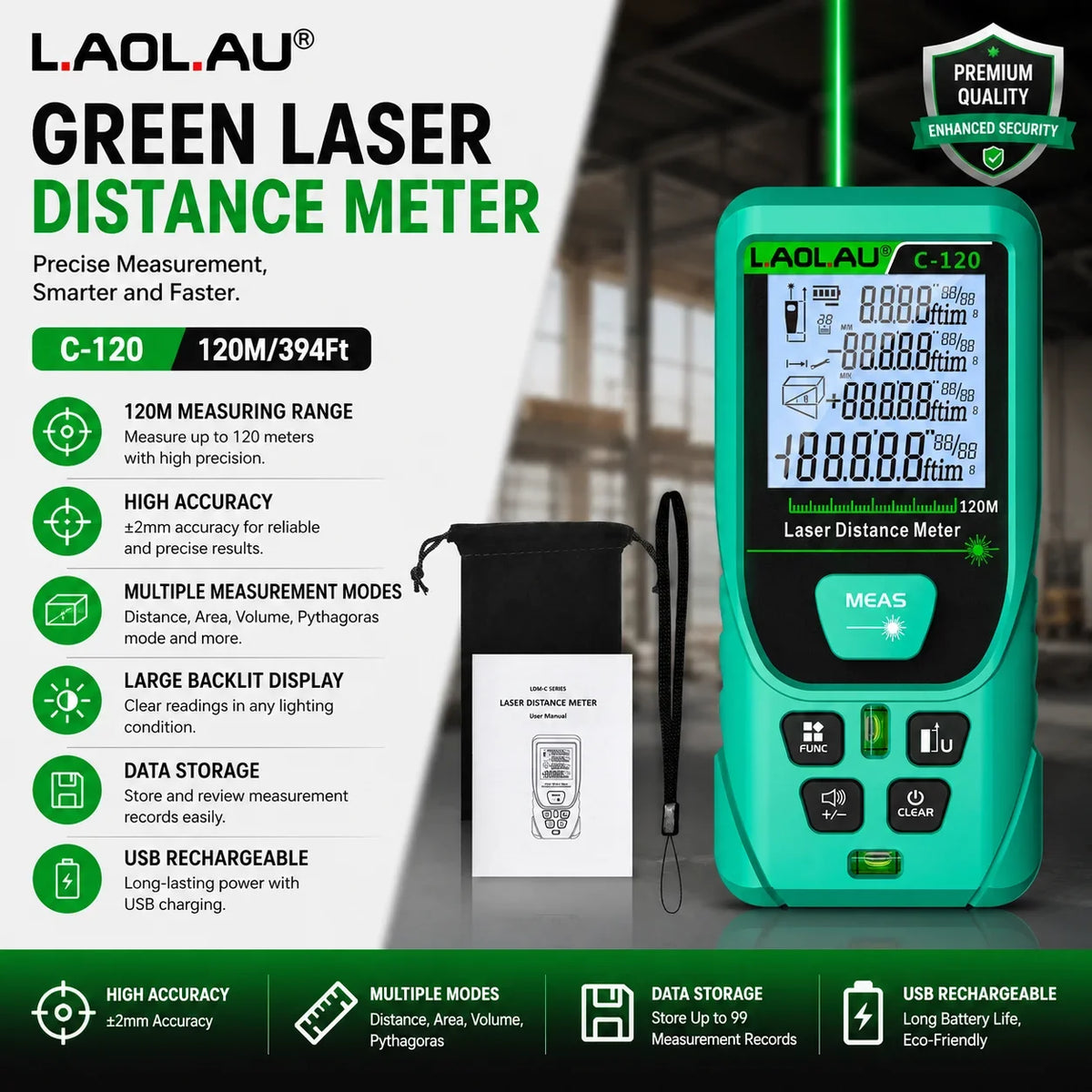 LAOLAU Digital Laser Range Finder RED/Green Laser Beam Meter High Precision Measuring Tools Backlit Screen IP54 Waterproof