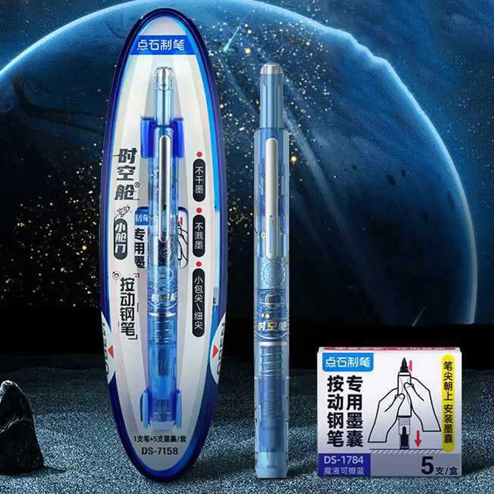 Space Capsule Design Retractable Fountain Pen 0.38mm Smooth No Splatter Writing Pen with Ink Cartridge Set for School Stationery