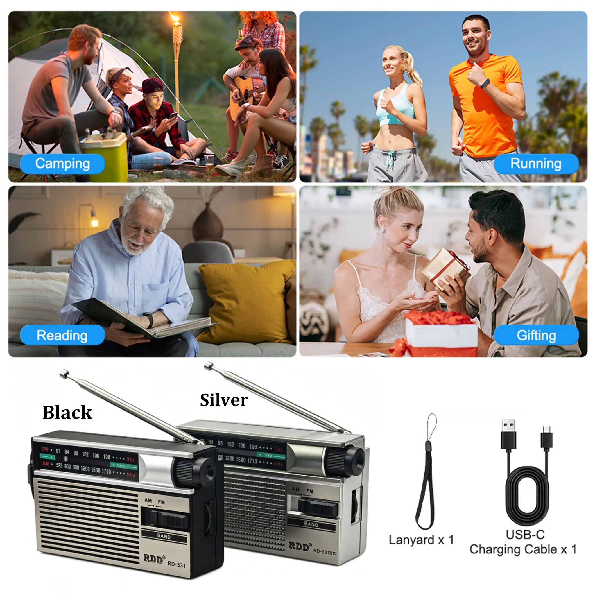 Mini Portable FM AM Radio Rehchargeable Vintage Dual Band Radios with Telescopic Antenna Rotary Switch 2 Power Supply for Elder