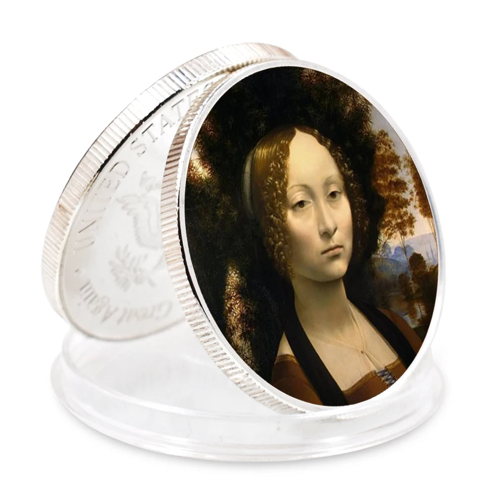 EU Style Sliver Coins Leonardo Da Vinci Paintings Coin Classic Metal Artwork The Renaissance Retro Commemorative Coin Home Decor