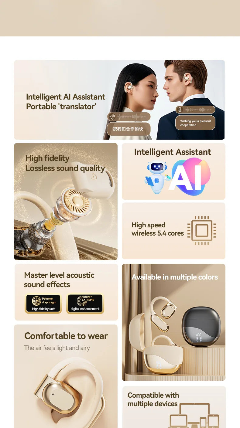 Wireless Bluetooth earbuds, simple over-the-ear design, non-intrusive, open sound quality, business style, with battery display