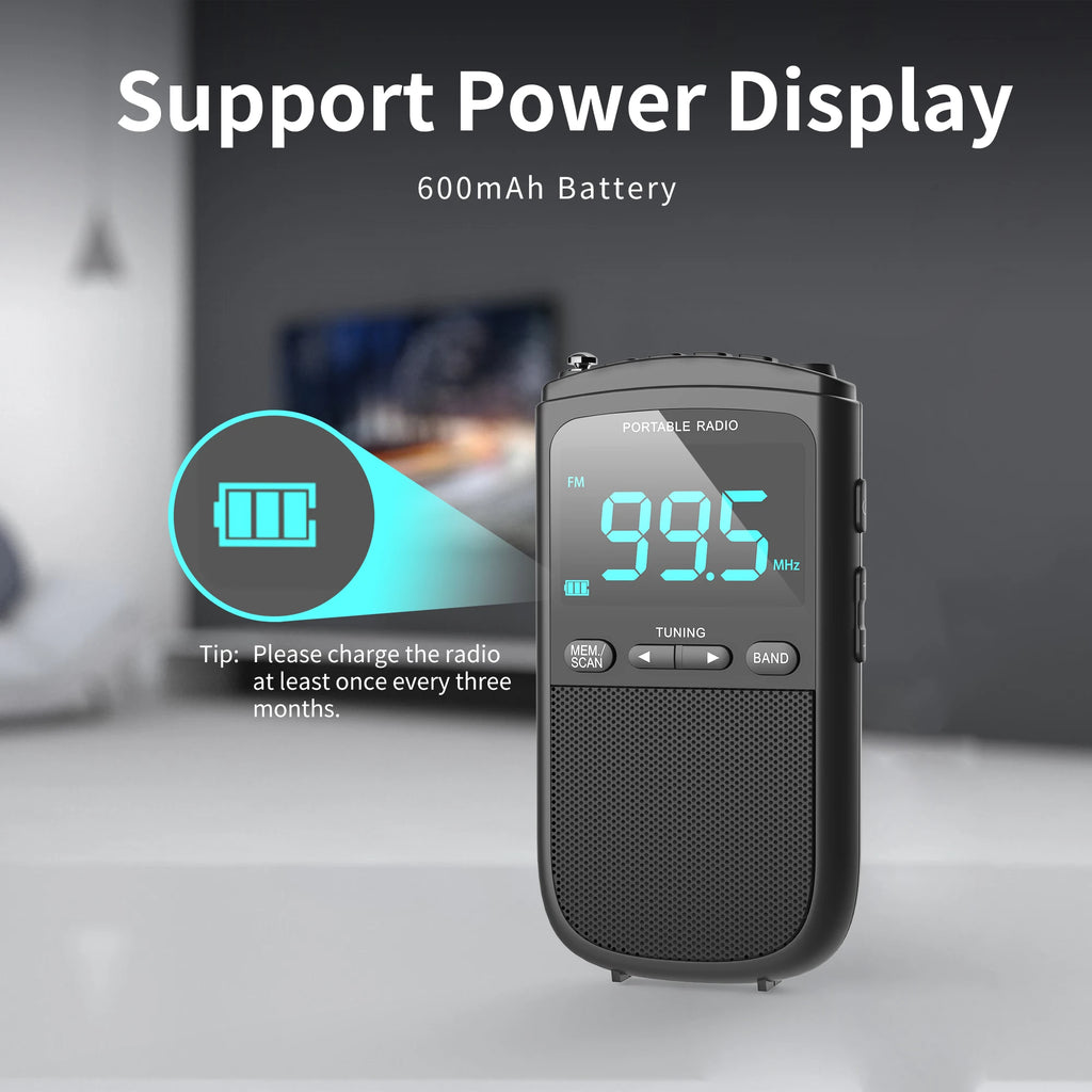 New Mini AM/FM Portable Radios Pocket Receiver Stereo Speaker Rechargeable Radio with Alarm Clock for Outdoor Weather Broadcast