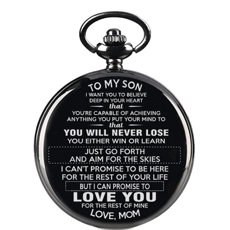 Vintage Pocket Watch "To My Son" Black Round Engraved Smooth Fob Chain Pocket Quartz Watch Fashion Necklace Pendant Clock Gift