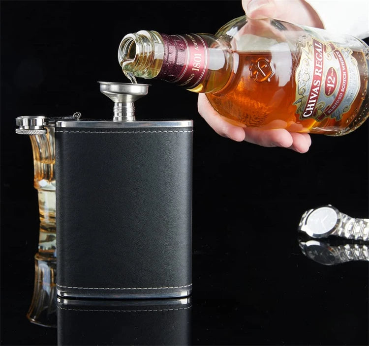 LMETJMA 8 Oz Hip Flask Black Leather Flask Stainless Steel Soft Touch Leather Wrap Flask with 1 Funnel Whiskey Rum Flask KC0465
