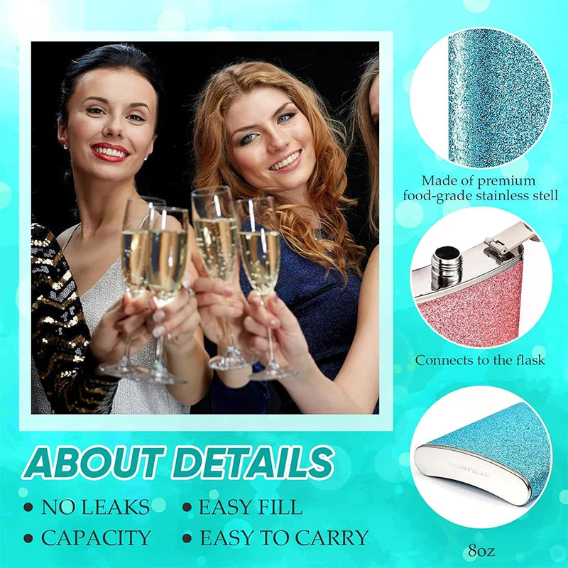 LMETJMA 8oz 230ML Hip Flask Stainless Steel Glitter Bling Liquor Flask for Women Leakproof Girl Whiskey Flask Pocket Flask JT376