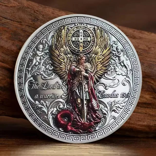Challenge Coin Catholic Religious Token Silver-Plated Alloy Polished Round Size Saint Michael Archangel Design Faith Gift