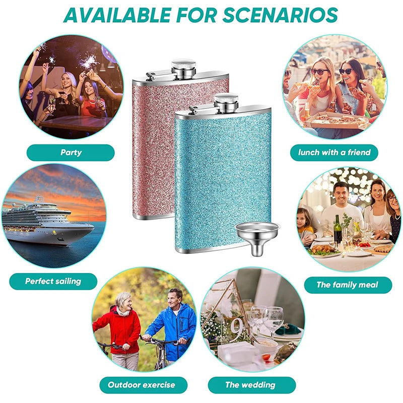 LMETJMA 8oz 230ML Hip Flask Stainless Steel Glitter Bling Liquor Flask for Women Leakproof Girl Whiskey Flask Pocket Flask JT376