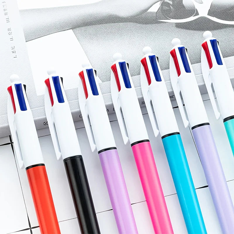 6 Multi-Color 4-in-1 Plastic Ballpoint Pens, 1mm Tip, Available in Red, Blue, Green, and Black, with Pressable Refills, Suitable for Study, Work, Notebooks, Journals, and Highlighting