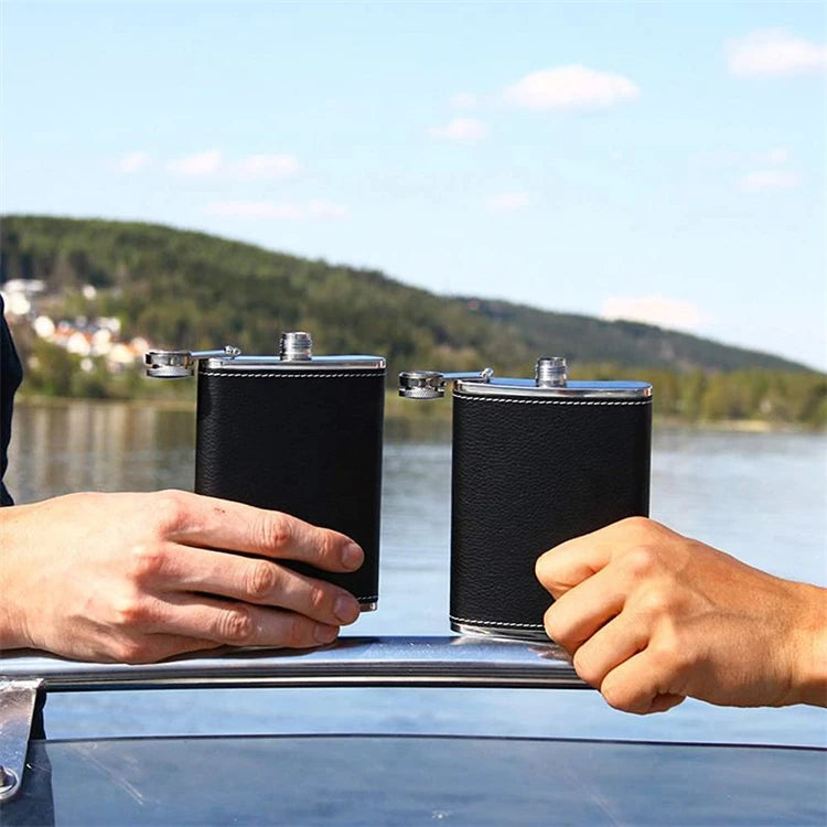 LMETJMA 8 Oz Hip Flask Black Leather Flask Stainless Steel Soft Touch Leather Wrap Flask with 1 Funnel Whiskey Rum Flask KC0465