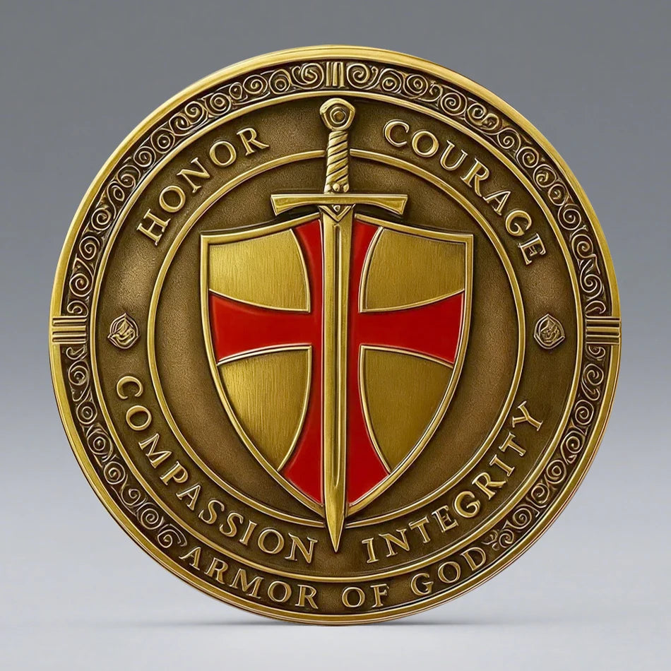 2D Armor of God Templar Coin Gold Plated Christian Challenge Coin with Knight and Jesus Design