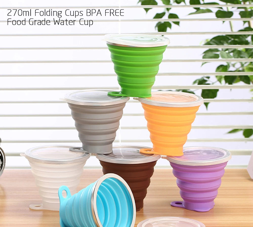 Silicone Collapsible Travel Cup 270ml Folding Camping Cup with Lid Reusable Expandable Drinkware for Outdoor Hiking