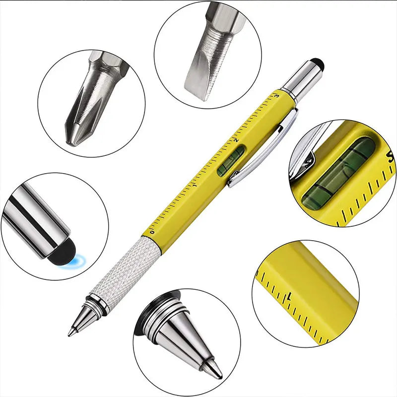 6-in-1 Multifunction Ballpoint Pen Handheld Tool with Measure Technical Ruler Screwdriver Touch Screen Stylus Spirit Level