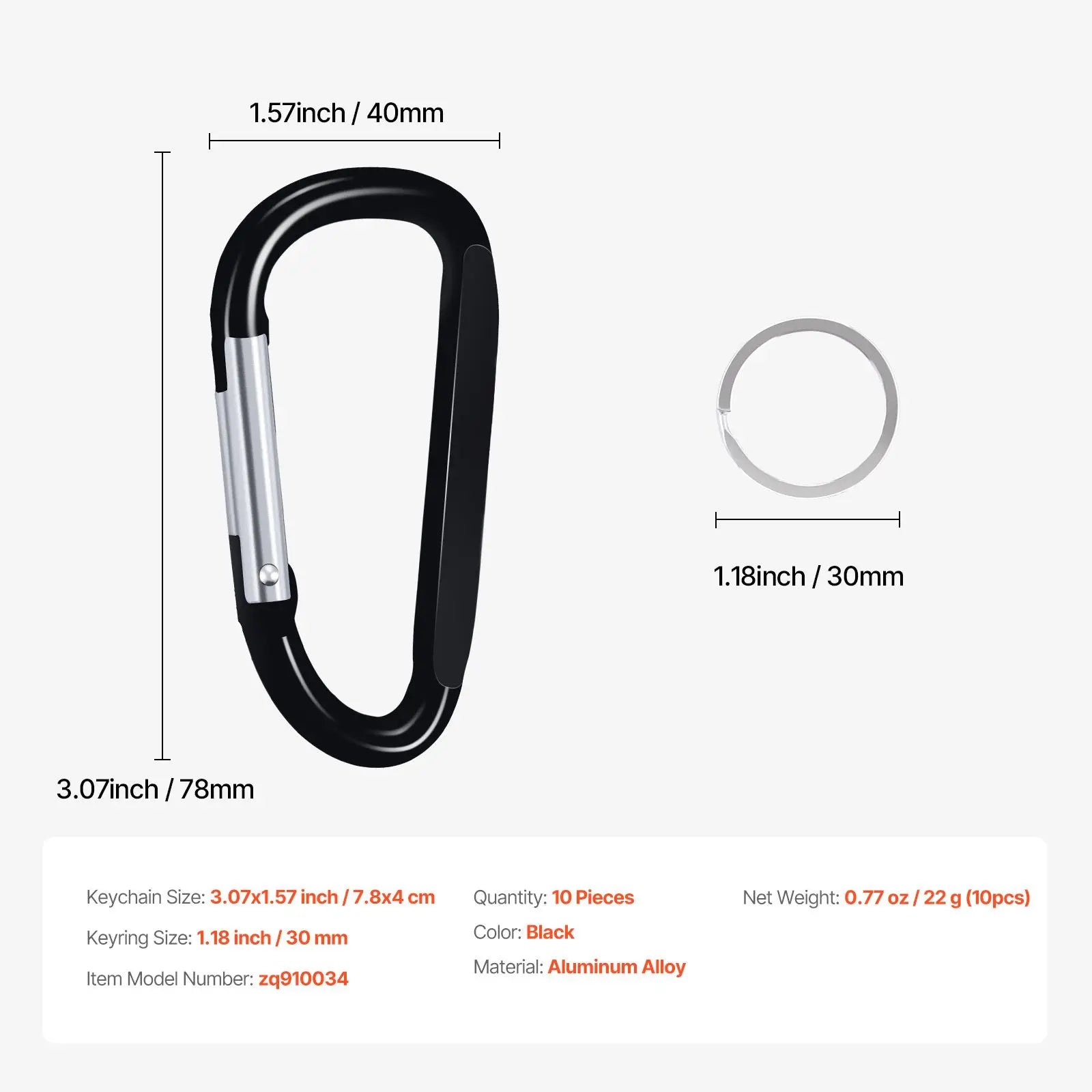 10 PCS Black Aluminum Alloy D Ring Carabiner 3.07" Spring Snap Hook Keychain Clip for Cars