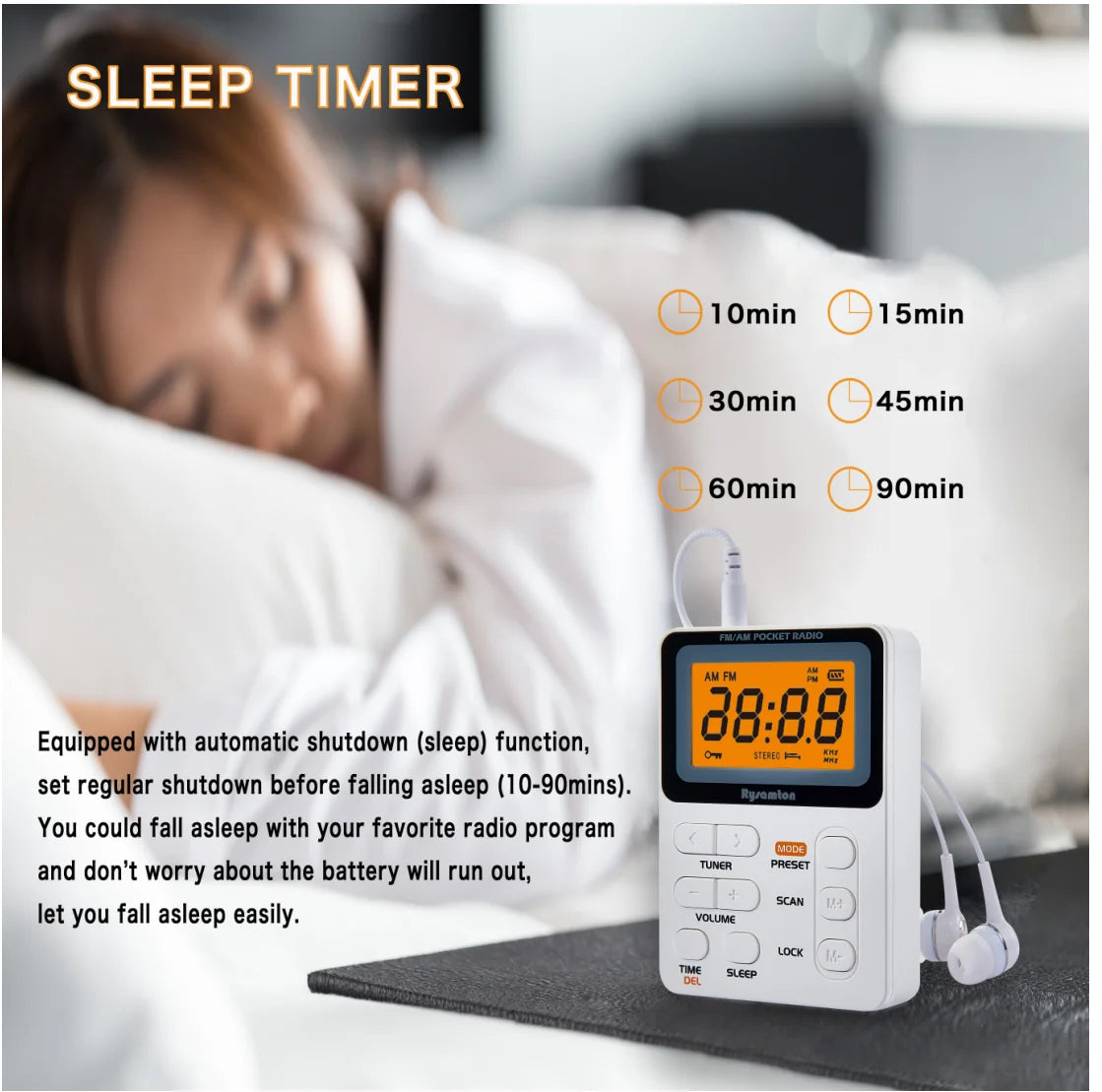 Rysamton Portable Radio, AM/FM Pocket Radio with Rechargeable Battery, Best Reception,Large Digital Displays, Earphone Included