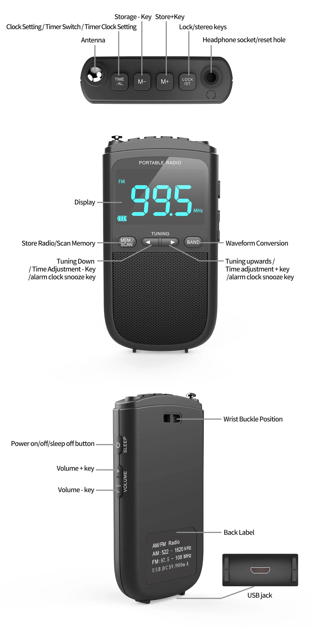 New Mini AM/FM Portable Radios Pocket Receiver Stereo Speaker Rechargeable Radio with Alarm Clock for Outdoor Weather Broadcast