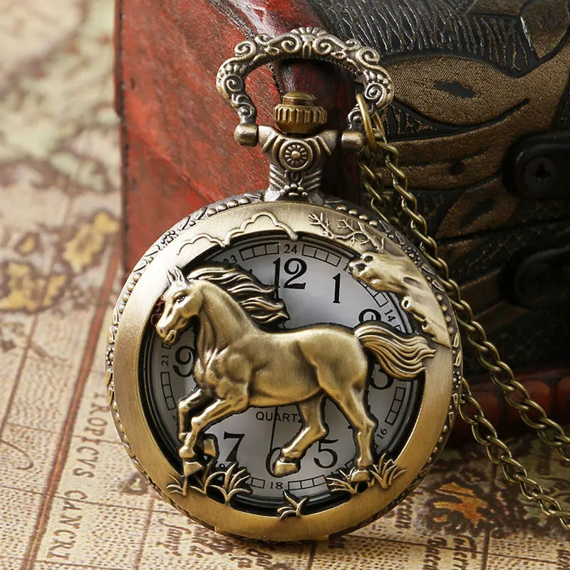 Cute Horse Pocket Watch Hollow Style Vintage Elegant Pocketwatch With Chain Animal Masculino Relogio Exquisite Clock Retro Gift
