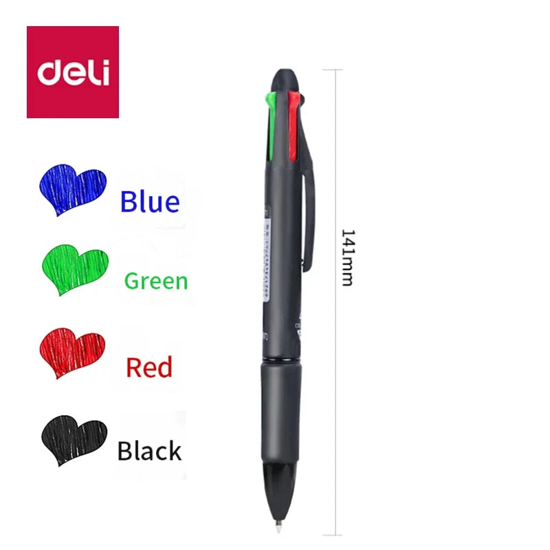 Deli Multi color Ballpoint Pen  Four color Ink Pen Color Atomic Pen Multi functional for Taking Notes and Marking Black Blue Red