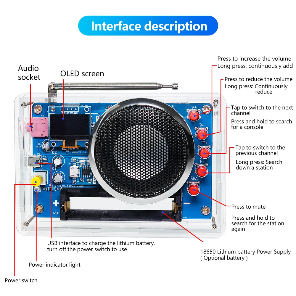 Portable FM Radio DIY Kit RDA5807 Radio DIY Module 87-108MHz Adjustable Frequency Radio DIY With OLED Display
