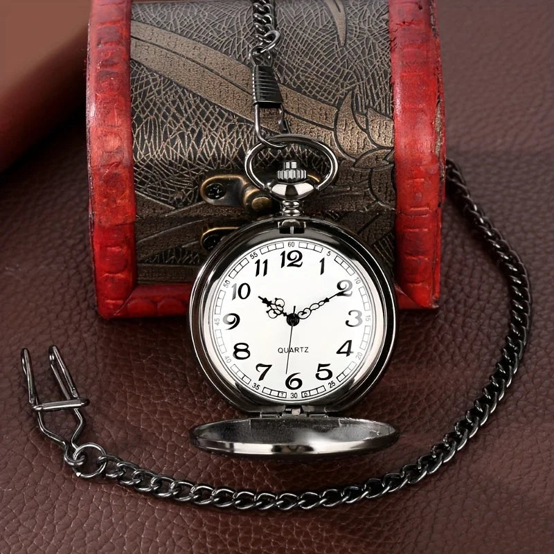 Vintage Pocket Watch "To My Son" Black Round Engraved Smooth Fob Chain Pocket Quartz Watch Fashion Necklace Pendant Clock Gift