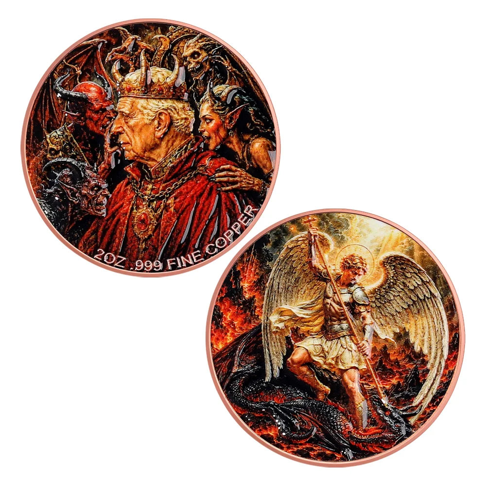 2oz .999 Fine Copper Coin Archangel Michael Vs Demon King Devil Hell Religious Fantasy Pure Copper Souvenir Collectible Medal