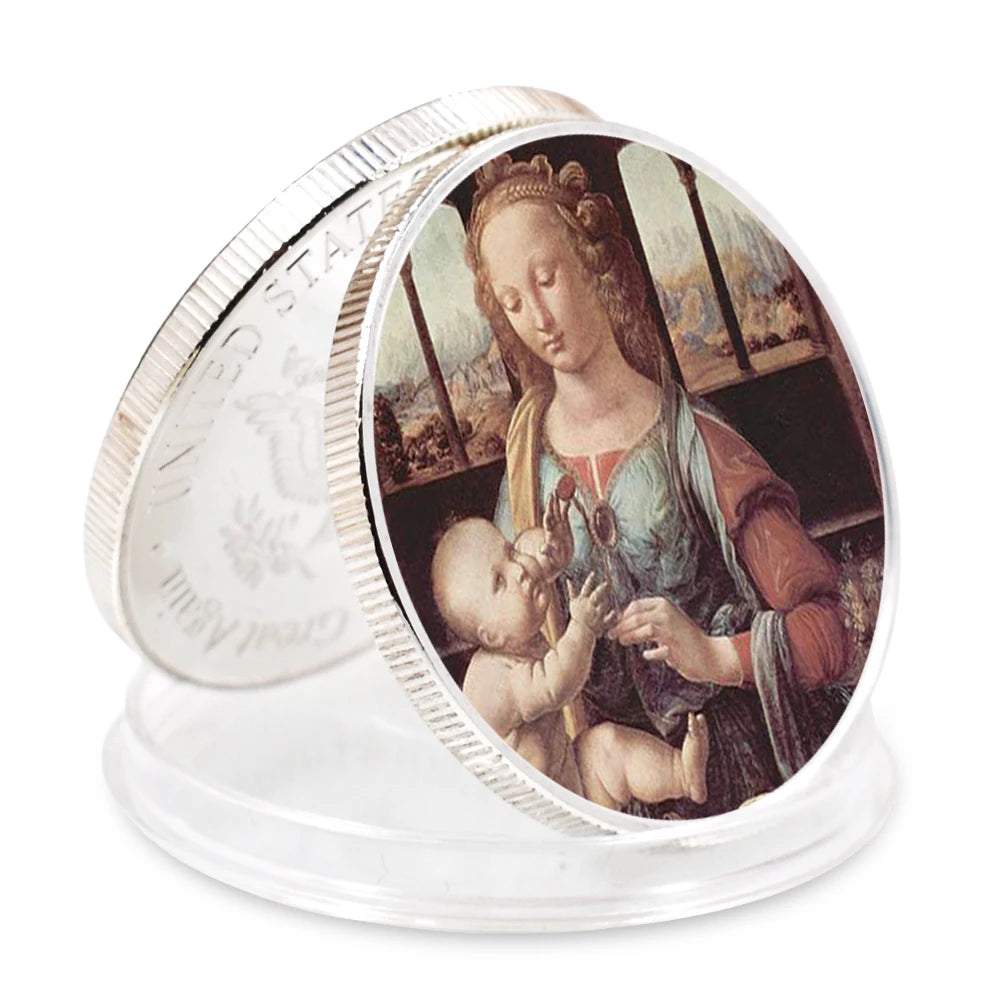 EU Style Sliver Coins Leonardo Da Vinci Paintings Coin Classic Metal Artwork The Renaissance Retro Commemorative Coin Home Decor