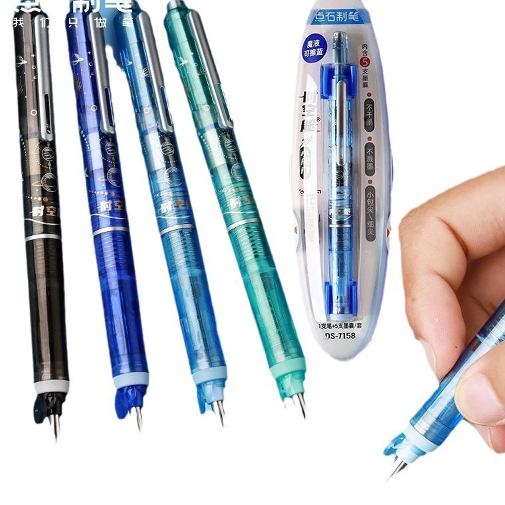 Space Capsule Design Retractable Fountain Pen 0.38mm Smooth No Splatter Writing Pen with Ink Cartridge Set for School Stationery