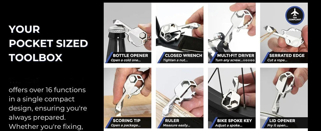 Multi-tool | Original Key Shaped Pocket Tool | Stainless Steel Keychain Utility Gadget | 16+ Tools | TSA Safe Multitool