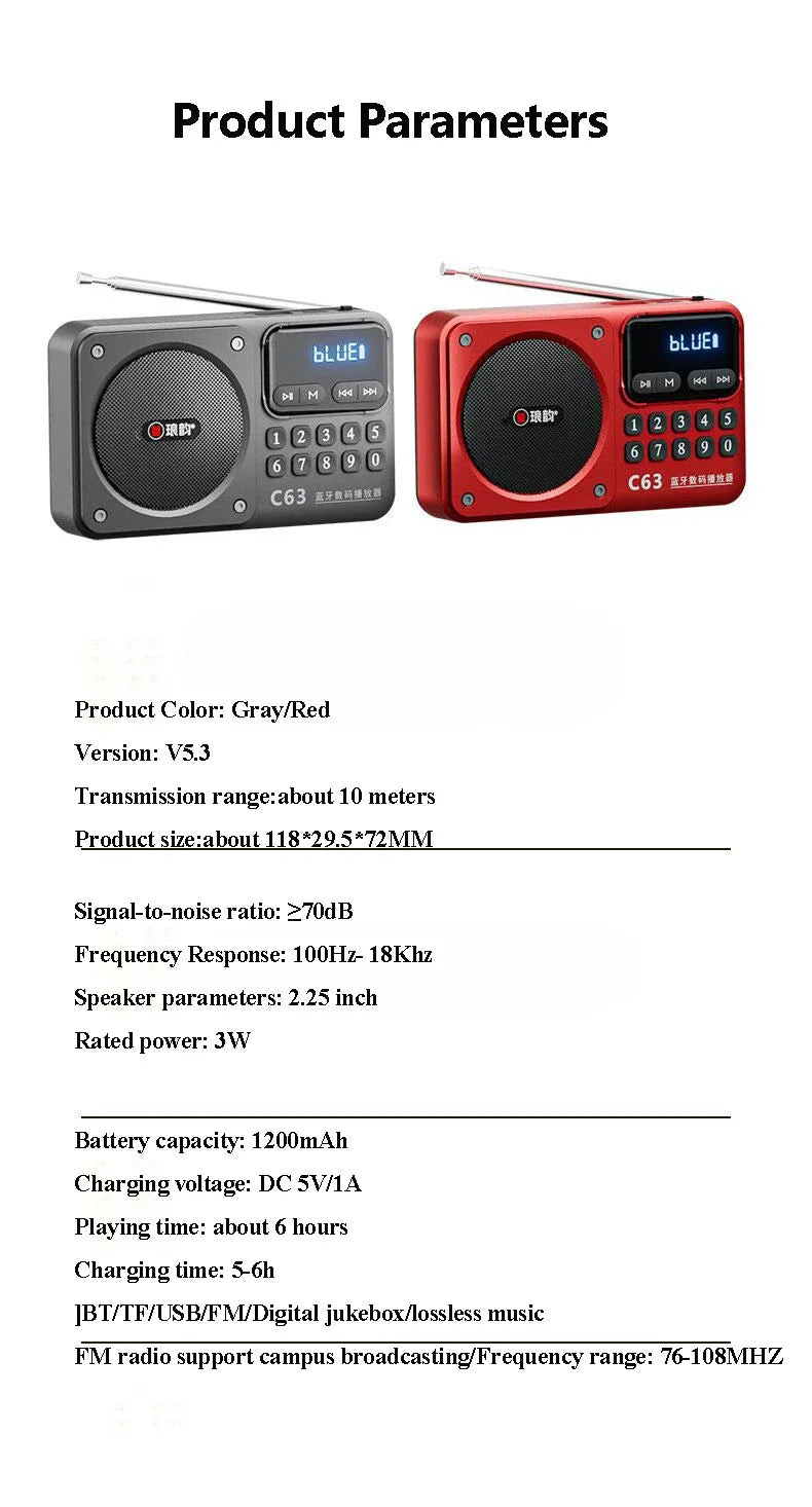 Rechargeable Portable FM Radio Type C Charging Wireless Speakers Support USB TF Card MP3 Music Player with FM Radio Receiver