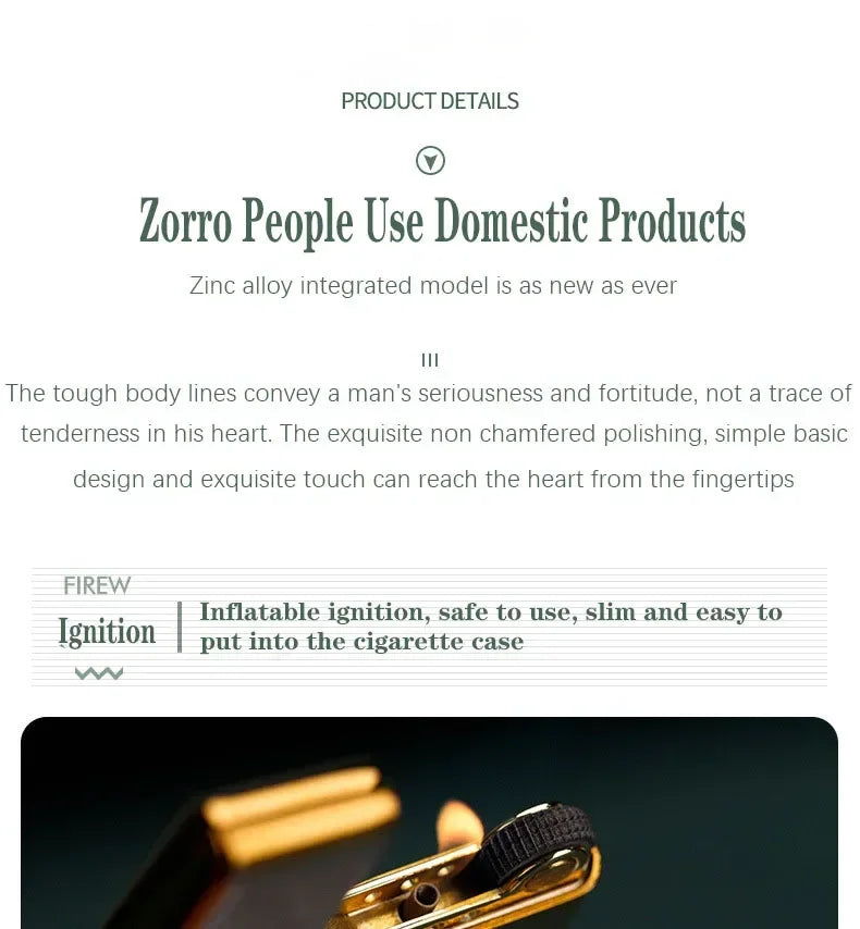 ZORRO Metal Ultra-thin  Butane Gas Inflatable Grinding Wheel Ignition Lighter Cigarette Lighters High-end Men's Small Tools